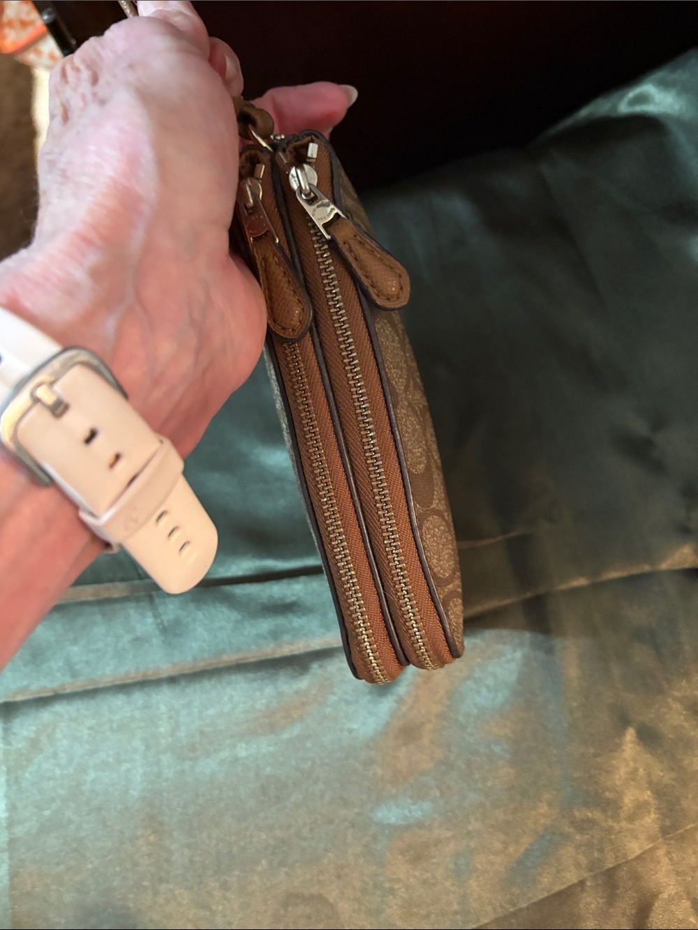 Coach Signature Canvas Double Corner Zip Wristlet in Tan and Brown - Picture 10 of 13